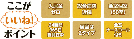 【いいねポイント】入居金ゼロ・総合病院近隣・全50室個室・24時間365日職員在中・居室は２タイプ・全室ナースコール付き